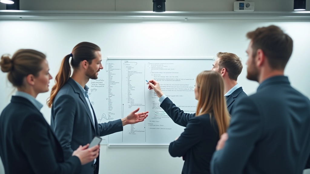 Izstrādes komanda, kas apspriež API problēmas pie balta dēļa ar diagrammām
