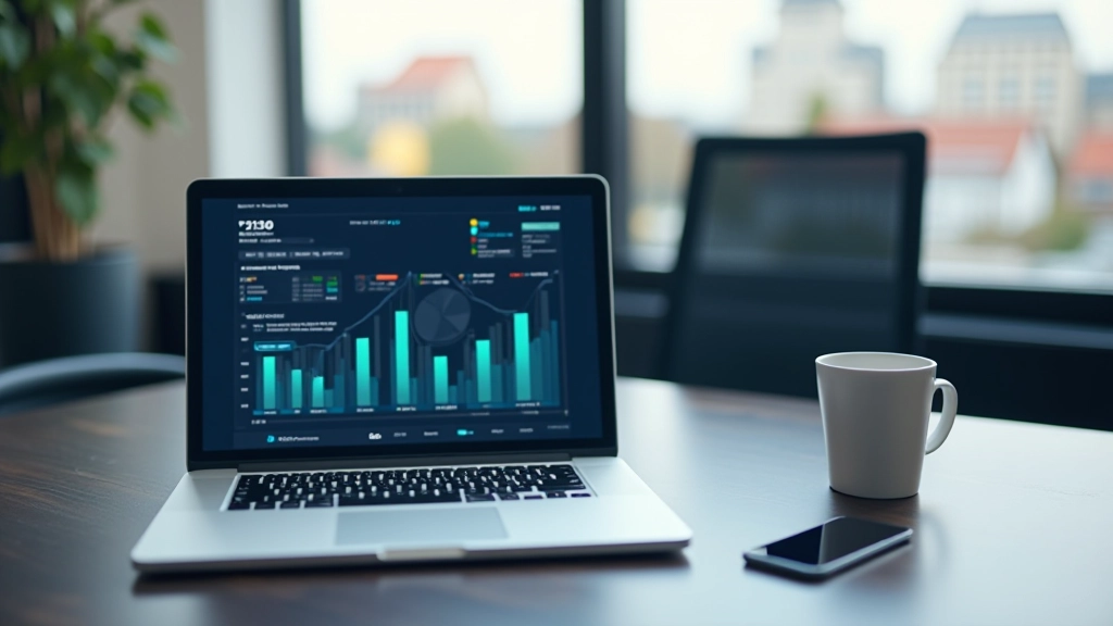 Moderns birojums ar laptopi, kurā redzama finanšu dati un grafiki uz ekrāna