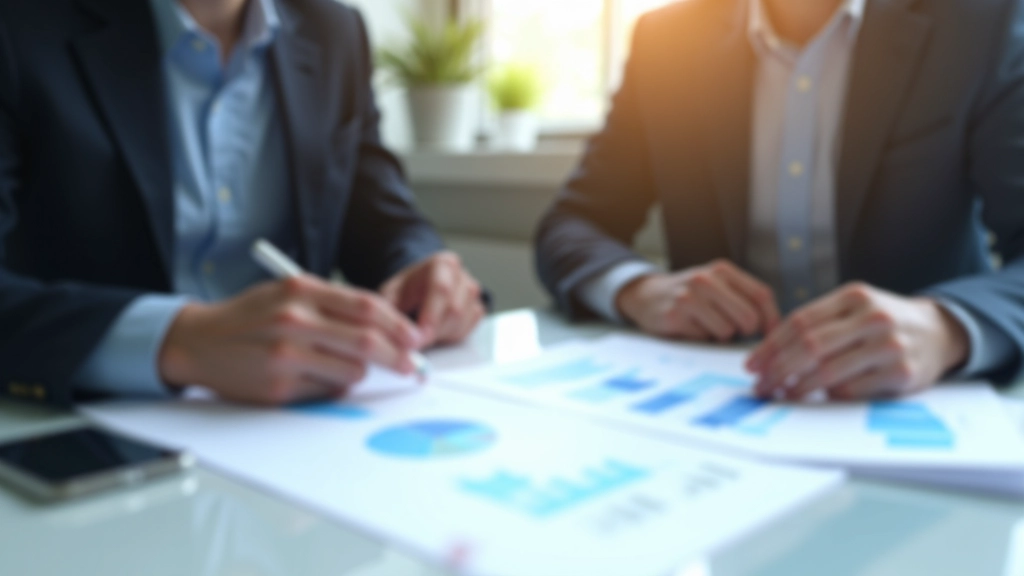 Divi profesionāļi pārbauda finansiālos dokumentus un grafikus, investīciju analīzes ekrāns ar P2P aizdevumu datiem un augšanas grafikiem